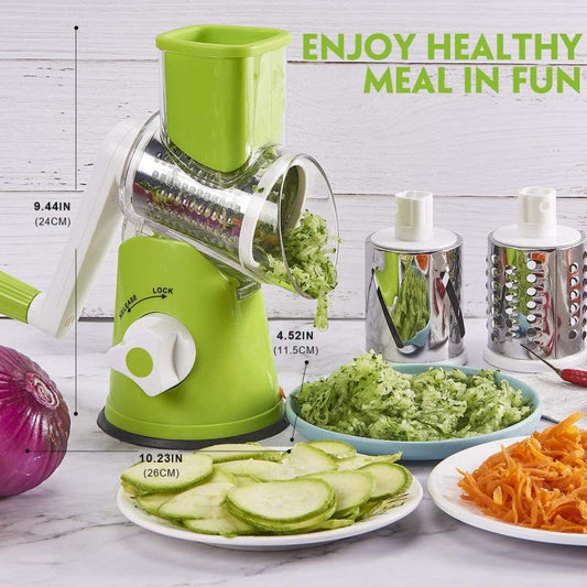 3-in-1 Table Top Drum Grater & Slicer – Vegetable Cutter with Interchangeable Blades | Golu Baby