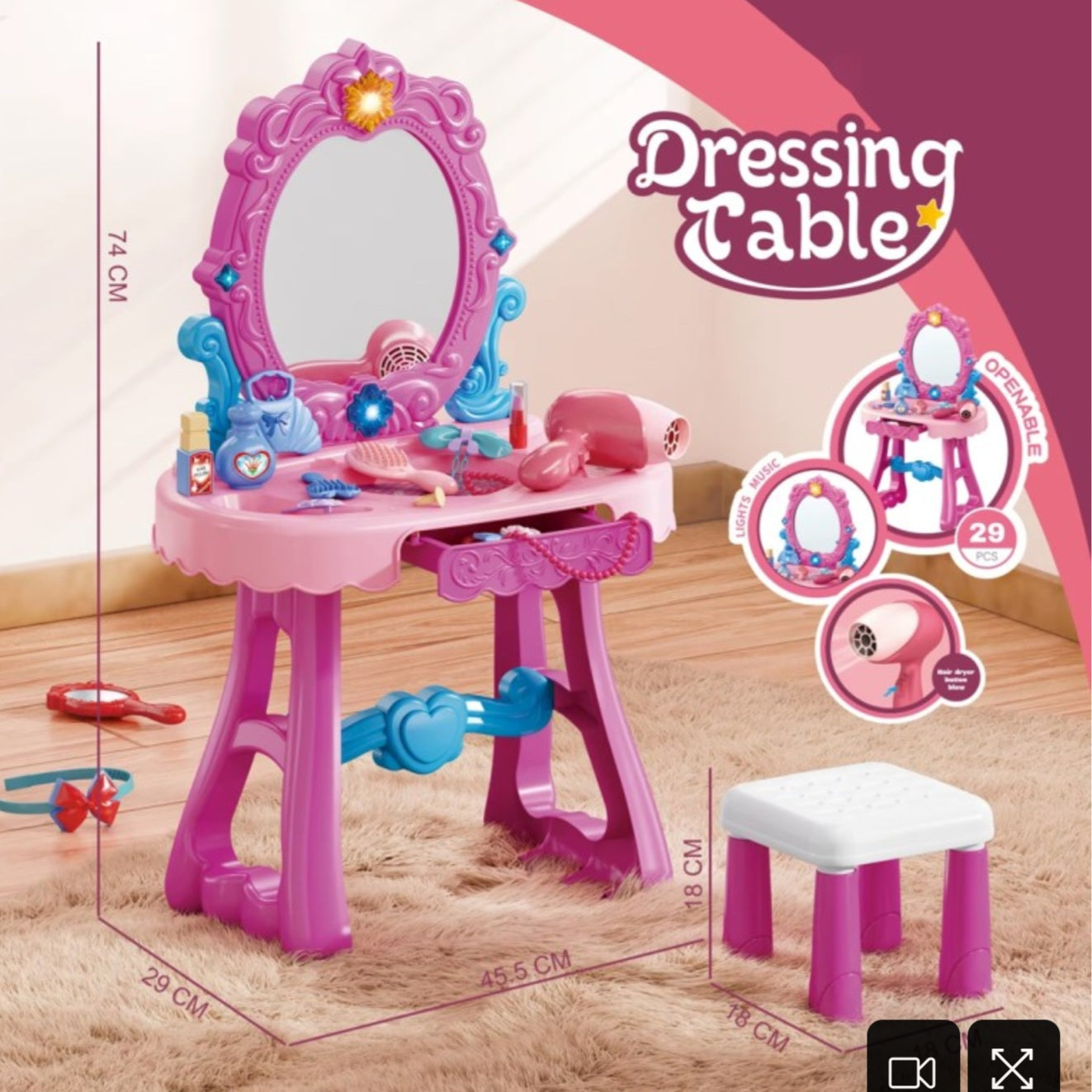 Kids Dressing Table with Stool & Makeup Accessories – Princess Vanity Set -Golu Baby