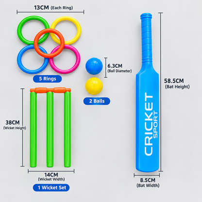2-in-1 Kids Cricket Set with 2 Balls, Bat, Wicket & 5 Rings