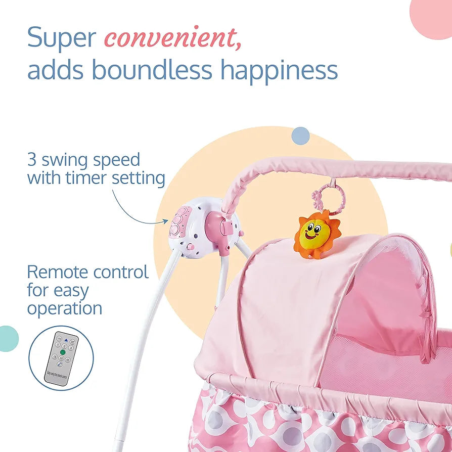 R.C Baby Swing with Sun Canopy & Mosquito Net – Soft Rattles, Music & 5 Swing Modes |Golu Baby