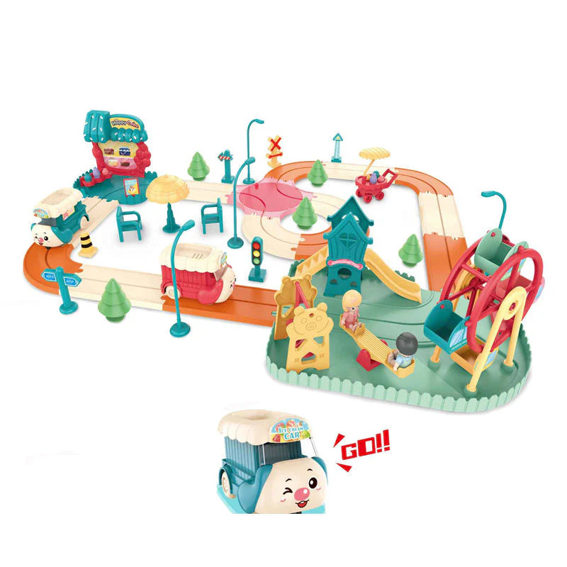 Kids Cartoon Electric Toy Train Amusement Park Track Car with Music | Golu Baby