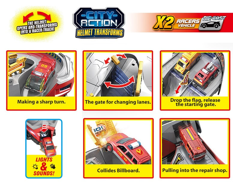 City Action Helmet Transformer – 2x Die-Cast Cars with Light & Sound | Face-Changing Rider Set | Golu Baby