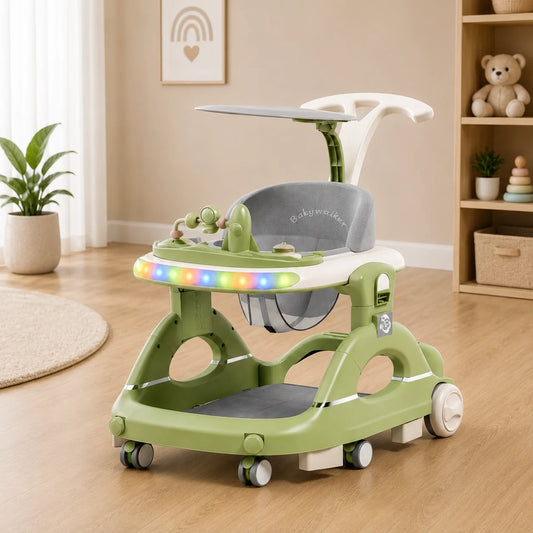 Baby Walker with Music & Lights – 3-Level Height Adjustable, 360° Wheels, Push Handle & Sun Shade #888