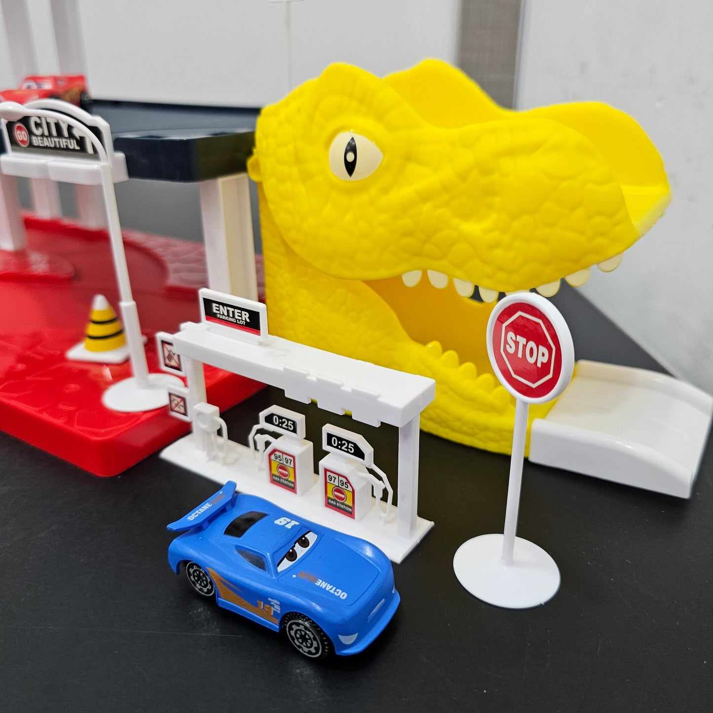 Driven to Win – Cars Parking Lot Playset with 4 Cars, Gas Station & Service Station | Golu Baby