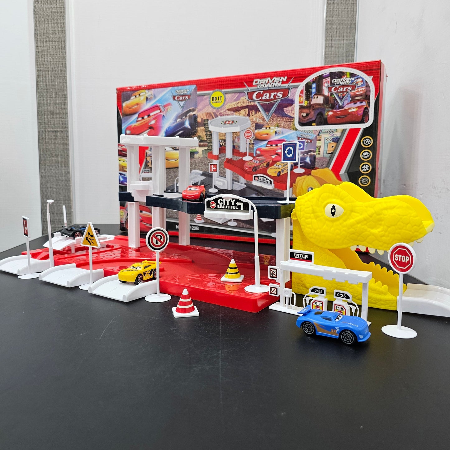 Driven to Win – Cars Parking Lot Playset with 4 Cars, Gas Station & Service Station | Golu Baby