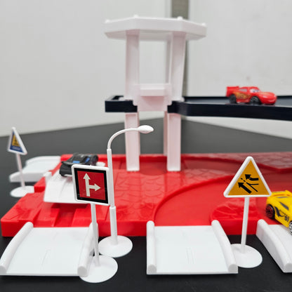 Driven to Win – Cars Parking Lot Playset with 4 Cars, Gas Station & Service Station | Golu Baby