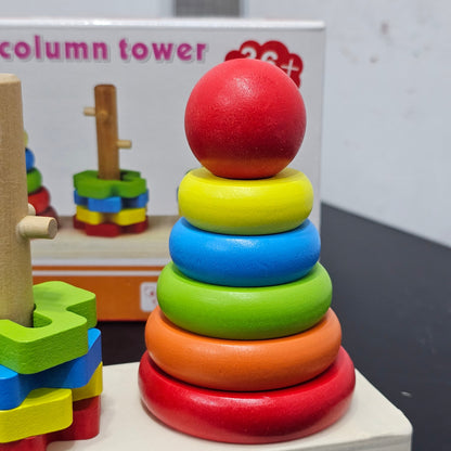 Rainbow Three Column Tower – Montessori Wooden Stacking Toy | Golu Baby