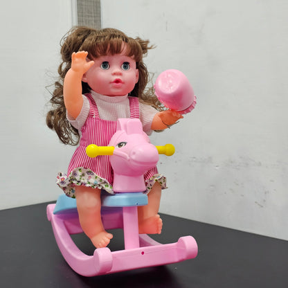 Cute Fun Doll with Rocking Horse – 12 Sounds, Drinking Bottle, Flexible Hands & Interactive Play | Golu Baby