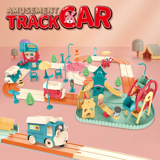 Kids Cartoon Electric Toy Train Amusement Park Track Car with Music | Golu Baby