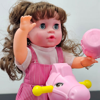 Cute Fun Doll with Rocking Horse – 12 Sounds, Drinking Bottle, Flexible Hands & Interactive Play | Golu Baby