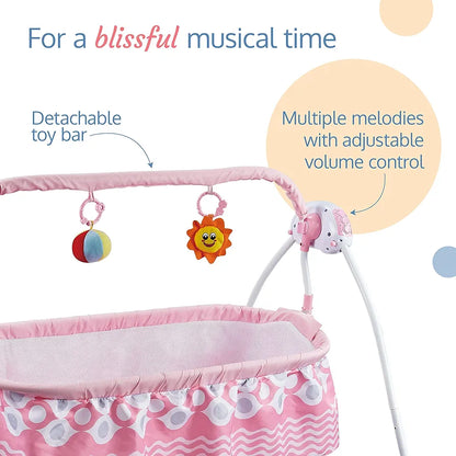 R.C Baby Swing with Sun Canopy & Mosquito Net – Soft Rattles, Music & 5 Swing Modes |Golu Baby