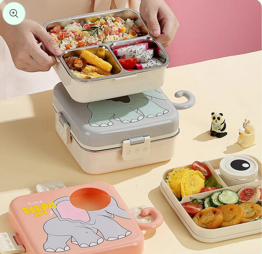 🐘 Super Elephant Stainless Steel Lunch Box – Double-Decker Delight | Golu Baby