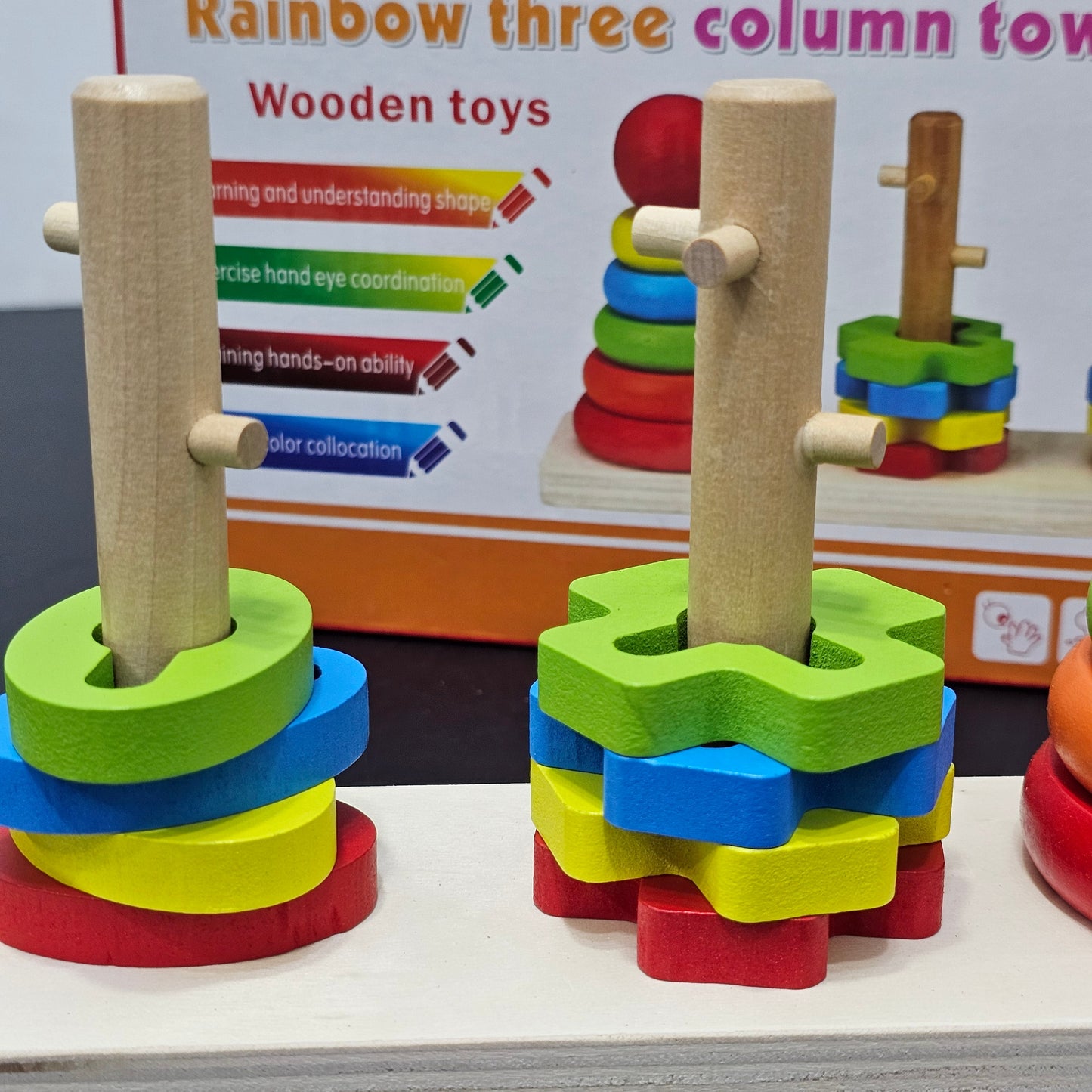 Rainbow Three Column Tower – Montessori Wooden Stacking Toy | Golu Baby