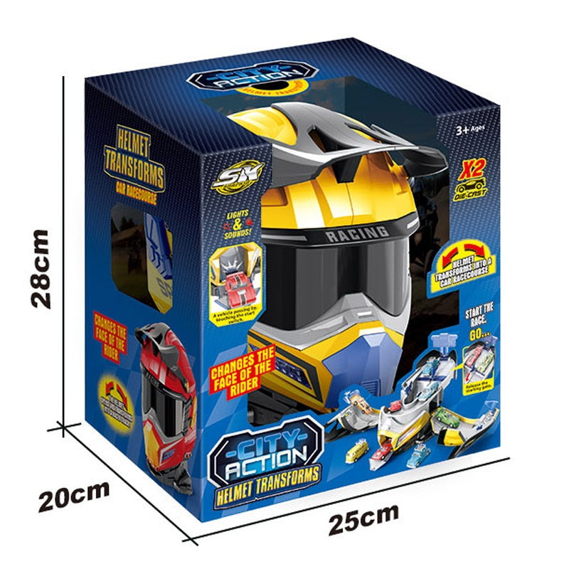 City Action Helmet Transformer – 2x Die-Cast Cars with Light & Sound | Face-Changing Rider Set | Golu Baby