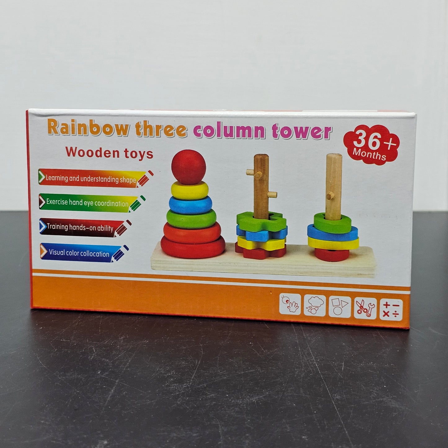 Rainbow Three Column Tower – Montessori Wooden Stacking Toy | Golu Baby