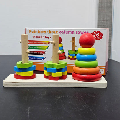 Rainbow Three Column Tower – Montessori Wooden Stacking Toy | Golu Baby