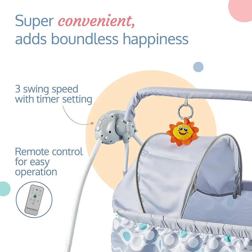 R.C Baby Swing with Sun Canopy & Mosquito Net – Soft Rattles, Music & 5 Swing Modes |Golu Baby