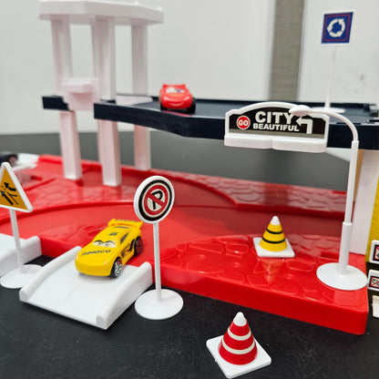 Driven to Win – Cars Parking Lot Playset with 4 Cars, Gas Station & Service Station | Golu Baby