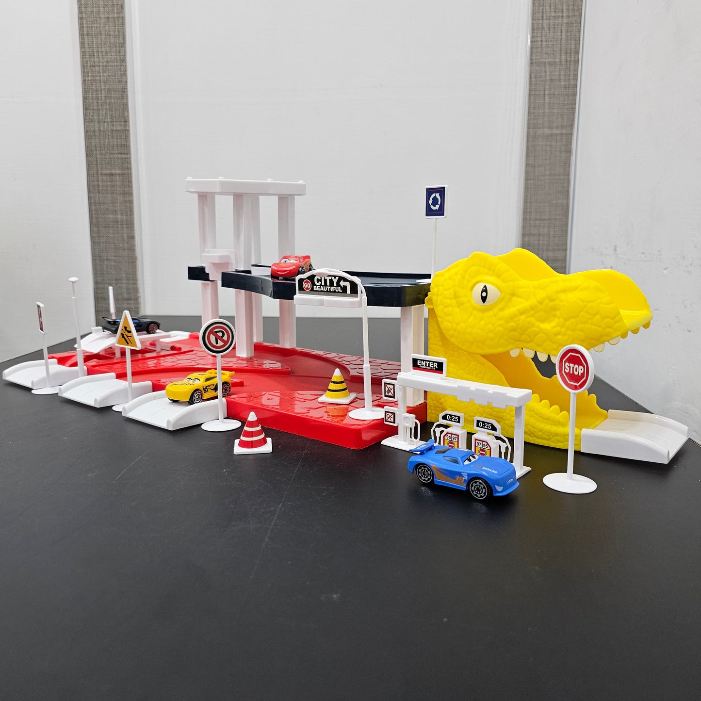 Driven to Win – Cars Parking Lot Playset with 4 Cars, Gas Station & Service Station | Golu Baby