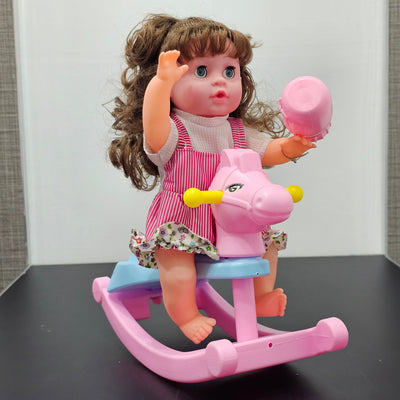 Cute Fun Doll with Rocking Horse – 12 Sounds, Drinking Bottle, Flexible Hands & Interactive Play | Golu Baby