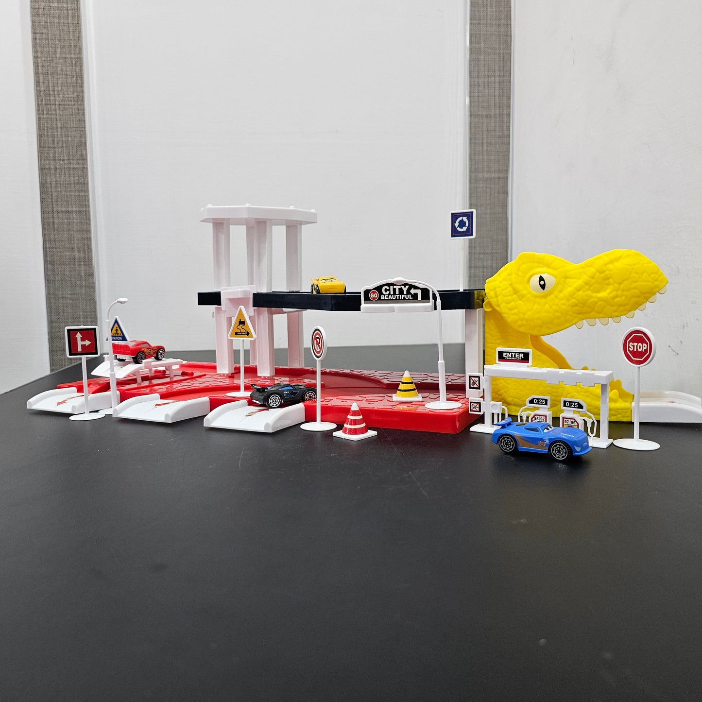 Driven to Win – Cars Parking Lot Playset with 4 Cars, Gas Station & Service Station | Golu Baby