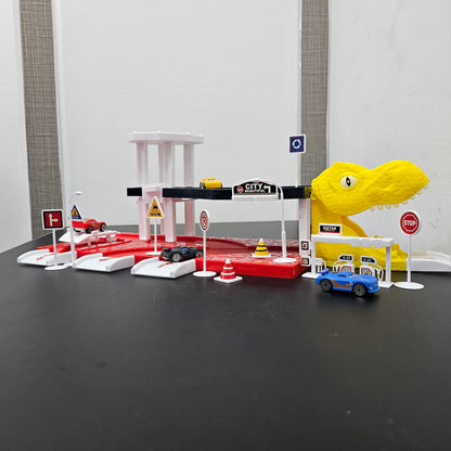 Driven to Win – Cars Parking Lot Playset with 4 Cars, Gas Station & Service Station | Golu Baby